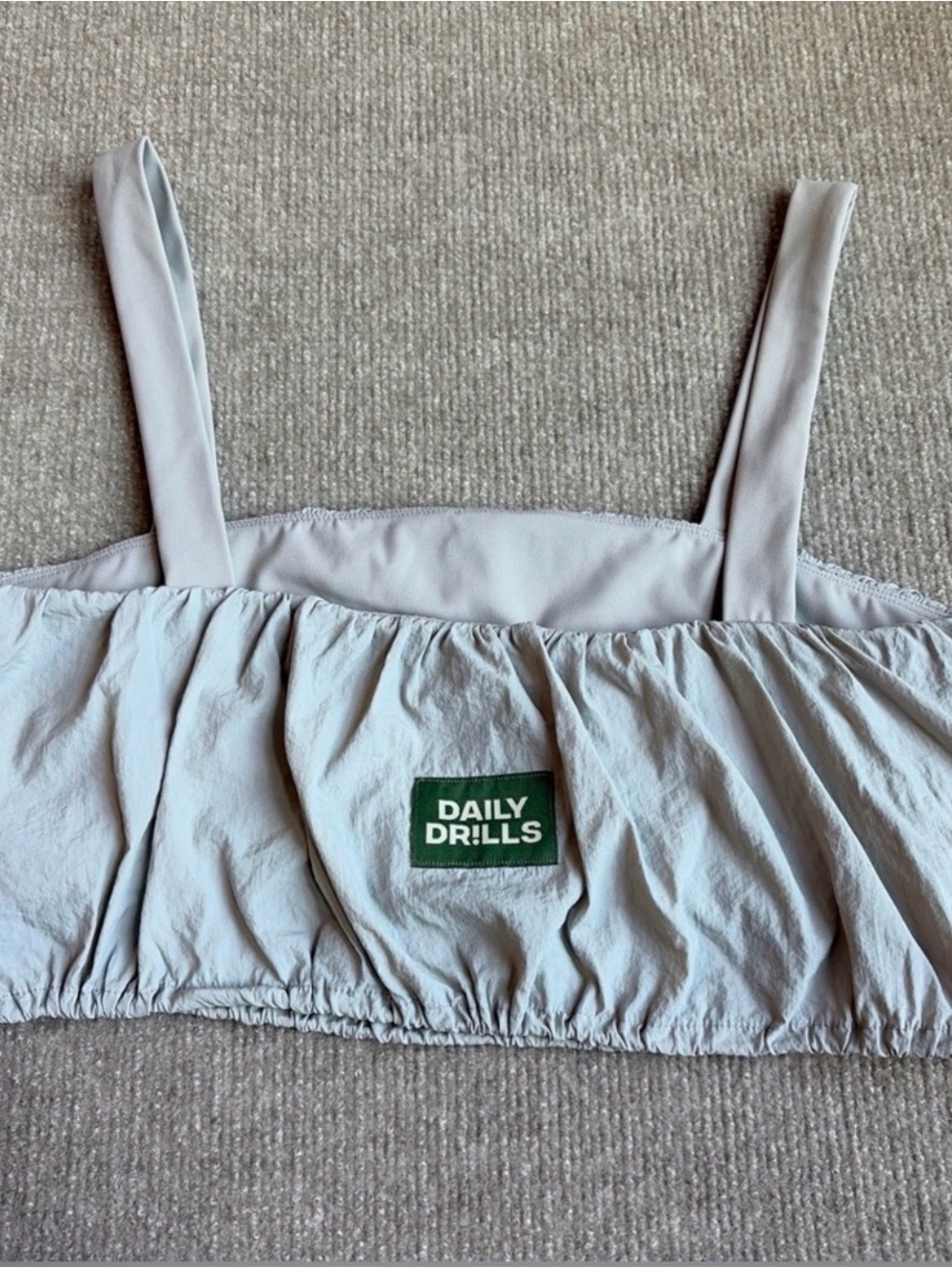 Daily Drills Pale Gray Gathered Crop Tank with Green Logo